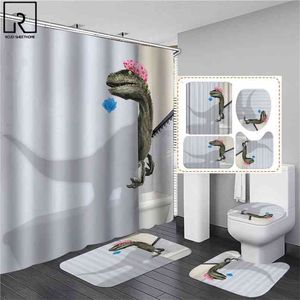 3d Dinosaur Dusch Gardiner Vattentät Badrum Gardin med krokar Anti-Slip Bath Mat Set Soft Mattor WC Toalett Matta Heminredning 210915