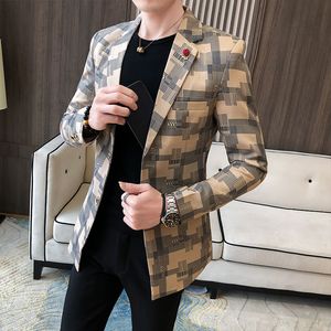 Blazer coreano da uomo scozzese Giacca da uomo elegante Blazer da ballo per uomo Casual Slim Club Stage Cantante Suit Blusa Masculina321x