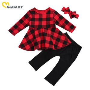 1-5Y Christmas Toddler Infant Baby Kid Girls Clothes Set Red Plaid Tunic T shirt Pants Outfits Xmas Costumes 210515