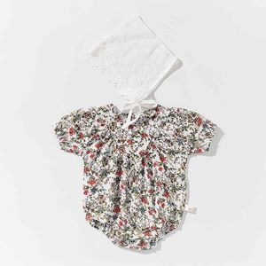 Baby One Piece Rompers Summer Clothing Flower Girls Bodysuits With Lace Hat 2pcs Floral 210429