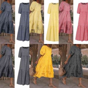Yaz Elbise Vonda 2021 Kadınlar Casual Kısa Kollu Ekose Baskılı Sundress Gevşek Pileli Orta Buzağı Elbiseler Femme Parti Robe X0521