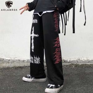 Aolamegs gotiska byxor män Japanska Casual Sweatpants Graffiti Anime Punk Hippie Wide Leg Trouser Harajuku High Street Streetwear 211008