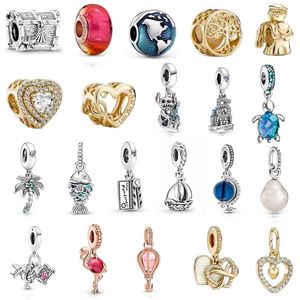 100 % 925er Sterlingsilber, Ozean-Charm-Anhänger, Schloss, rosa Luftballon-Glasperlen, passend für Pandora-Armbänder, Armreifenschmuck