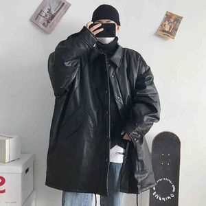 Inverno da uomo sciolto lungo Pu baseball in pelle moto neve giacche nere Trench Lint vestiti imbottiti in cotone pelliccia sintetica cappotti spessi 210524