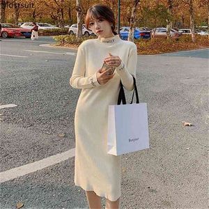 Höst vinter kvinnor lång stickad klänning lösa bokstäver ärm halv turtleneck mode klänningar koreanska ropa mujer 210513
