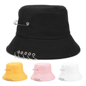 Fashion Street Solid Color Iron Pin Rings Personality Bucket Hat Stingy Brim Cap Cotton Fishermen Caps For Unisex Women Men