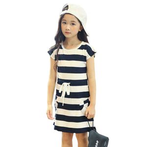 Girls Dress Cotton Striped For Slim Bow Drawstring Kid Party Summer Casual Clothes 6 8 10 12 14 Year 210528