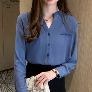 秋のオフィスの女性長袖ブラウス韓国のプラスサイズのシフォンシャツ女性白い青いカーディガンレディーストップ10506 210415