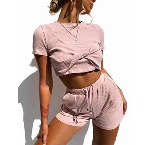 Casual Tie-Boya Takım Elbise Kadın Mahsul Playsuits Romper Artı Boyutu Gevşek Kısa Kollu Takım Elbise Pembe Tulumlar Üzerinde Bayanlar Bayanlar 210415