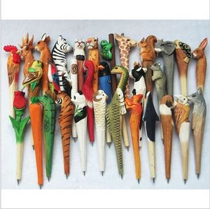 200pcs/sets Handmade Ballpoint Pen Lovely Artificial Wood Carving Animal Ball Pen Creative Arts Blue Pens Gift New Many Color