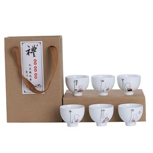 Zen Porcelain Tea Cups Gift Set of 6 Traditional Kong Fu Teacups Small Monk and Chinese Calligraphy Design Asian Housewarming