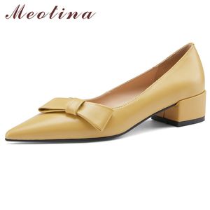 Meotina Scarpe con tacco medio in vera pelle Scarpe con tacco medio in pelle di mucca Scarpe con fiocco a punta Scarpe eleganti da donna Tacchi spessi Calzature basse 43 210520