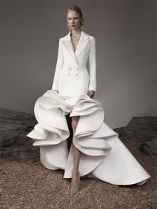 Nowy Design Hi-Lo Suknie wieczorowe Ruffles Deep V Neck Custom Made Długie Rękawy Prom Dress Robe de Mariée