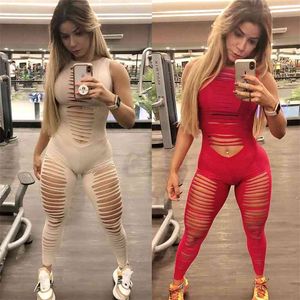 Solid Jumpsuit Rompers för kvinnor Sportiga Ärmlös Overells Sexig Slim Hollow Out Bodysuit Cut Ladies Leggings 210517