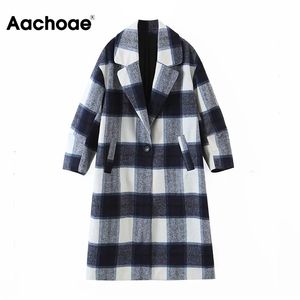 Aachoae Frauen Vintage Plaid Woolen Mäntel Winter Casual Batwing Hülse Lange Jacke Weibliche Single Button Oberbekleidung Mantel 210413