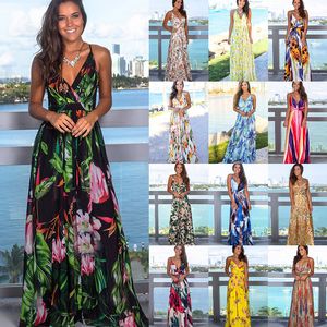 Multi Color Tropical Jungle Leaf Bohemian Długa Sukienka Suspid Krzyż Z Powrotem Kobiet V-Neck Party Night Elegant Seksowne sukienki