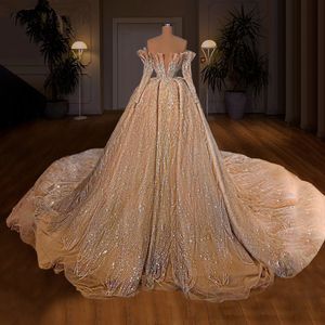 Off Shoulder Long Sleeves Wedding Dress Champagne Sequins Bridal Gowns Court Train Shiny Floor Length Robe de mariee