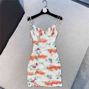 HIGH STREET est Fashion Summer Designer Women's Spaghetti Strap Floral Drape Gauze Dress 210521
