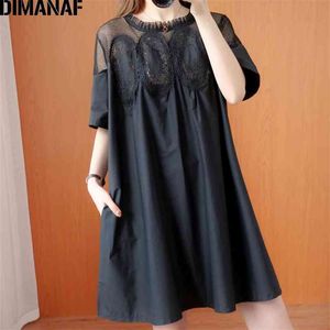 DIMANAF Plus Size Summer Blouse Shirt Women Clothing Lace Floral Spliced Elegant Sexy Lady Tops Tunic Loose Dress Big 210719