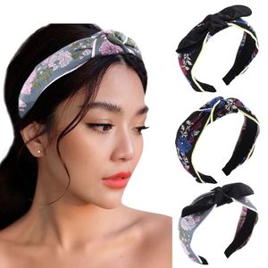 Retro embroidery elastic hair hoop autumn wide ladies cross-knot headband with bow decoration hair accessories
