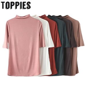 Summer Short Sleeve Turtleneck t shirt Women Sweet Pink T-Shirt Solid Color Modal Tops Korean Fashion Slim Tees 210421