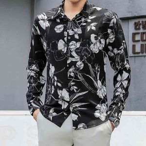 Brand Flower Print Slim Fit Shirts Mens Long Sleeve Casual Dress Shirts Male Business Formal Social Shirt Chemise Homme 210527