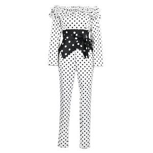 White Polka Dot Bodycon Jumpsuit Women Off Shoulder Ruffle Patchwork Black Peplum Sexy Long Sleeve Elastic Party Overall Pants 210527