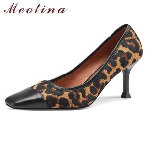 Meotina Leopard純正レザーハイヒールポンプスクエアトゥファッション女性シューズスティレットヒール浅いドレスシューズブラウンスプリング210520