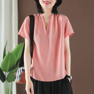 到着夏の韓国風の女性の緩いカジュアルな半袖VネックTシャツすべてのマッチされたシフォンパッチワークTシャツW323 210512