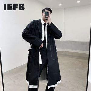 IEFB Design Mäns Kläder Klippkant Modig Bandage Black Windbreaker Casual Long Trench Coat With Belt Black Loose 9Y3652 210524