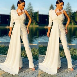 Ivory Prom Dresses Jumpsuits 3D Lace One Shoulder Long Sleeve White Evening Gowns Slim Women Special Occasion Dresses
