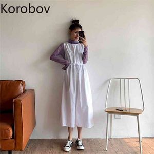 Korobov ny sexig ojämn vit kvinna klänning sommar solid ol klänningar koreansk elegant a-line dragsting vestidos femme 210430