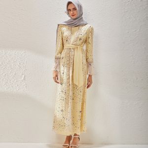 Frauen Landebahn Kleid O Hals lange Ärmel Stickerei sequierte Schärpengürtel elegante Maxikoben Vestido Kleider