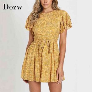 Vintage O Neck Summer Mini Dress Women Floral Print Boho Holiday es Ruffles Short Sleeve Casual Bandage Robes 210515