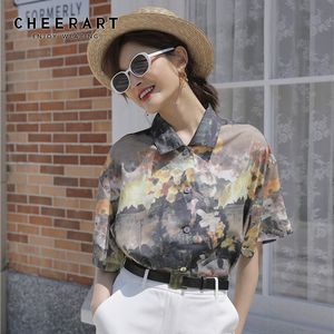 Tie Tintura Blusa Floral Mulheres Botão de Manga Curta para cima Camisa Verão Senhoras Tops Imprimir Flor Estilo Coreano 210427