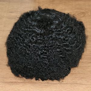 #1b Skin Afro Curly Toupee 10MM Man Weave Hair Black Mens Kinky Curl Male Toupees Human Hair Wigs Full Machine Made