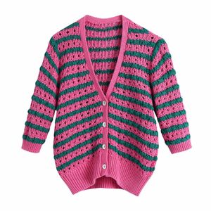 Women Knit Cardigan V-neck Short sleeves Striped Sweater Casual Fashion Chic lady Summer Woman Knitted Sweater 210709