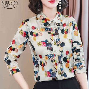 Office Lady Long-Sleeve Floral Button Cardigan Blouse Printed Satin Silk Shirt For Women Plus Size Ladies Tops 10723 210415