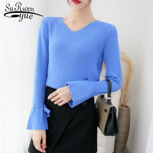 Pode ser usado para trás e para trás Strap Women Soreers Pullovers Outono Inverno V-Pescoço Flare Sweater 6508 50 210508