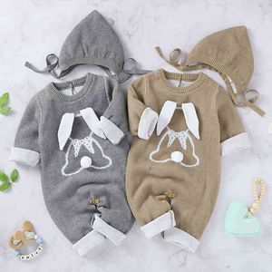 Autumn Winter Baby Boys Girls Rabbit Rompers + Hat Clothes Children Boy Girl Kids Knitting Long Sleeve 210429