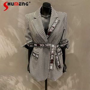 Sonbahar ve kış dantel-up houndstooth yün blazer kadın gevşek ızgara retro küçük takım elbise yün ceket bayanlar 211122