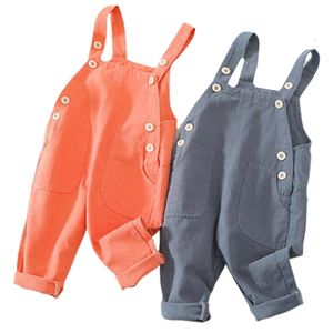 Meninas Jumpsuit Bolso Meninos Calças Casuais Estilo Coreano 1-3y Bebê Outono Jeans Macacões Infantil Long Pant Crianças Macacões 3 Cor 210417