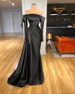 Chic Perals Black Mermaid Prom Dresses Luxury Beads Off The Shoulder High Side Split Long Sleeve Women Plus Size Formal Evening Dress Robe de mariée
