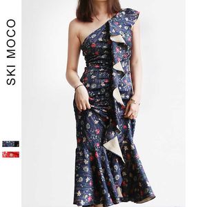 Women Elegant Dress Printing Mermaid One Shouler Ruffled Slit Fishtail Party Dresses Burgundy Vestidos Verano 210608