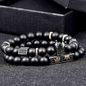 Luksusowy Królewski Korony Urok 2 Sztuk 1 Zestaw 8mm Okrągłe Natural Black Women Bead S Gold Beads Bransoletka