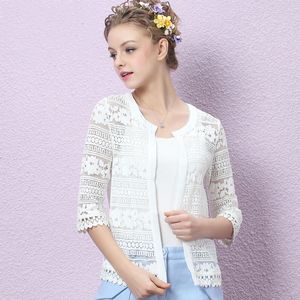 Plus Size Cardigan Black White Crochet sexy Lace blouse shirt women tops M-5XL Summer clothing blusa 3F 210420