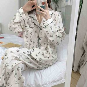 高品質の家庭用緩いすべてのマッチスタイリッシュなスリープウェアヴィンテージソフト印刷カジュアルな女性Pajamasセット210525