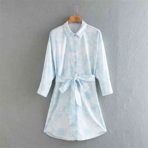 Sommer Frauen Vintage Shirts Kleid Langarm Tie Dye Drucken Mini es Weibliche Elegante Mode Straße Vestidos 210513