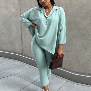 2 Piece Set Casual Loose T Shirt Tops And Pants Cropped Trousers Streetwear Asymmetric Button Up Green Apricot Sexy outfits Sets 220315