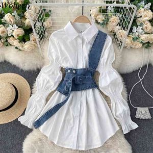 Blus Kvinnor Puff Sleeve Turn-down Collar White Shirts Denim Sling Vest Tops Korean Fashion All-Match Blouses Blusas 210519